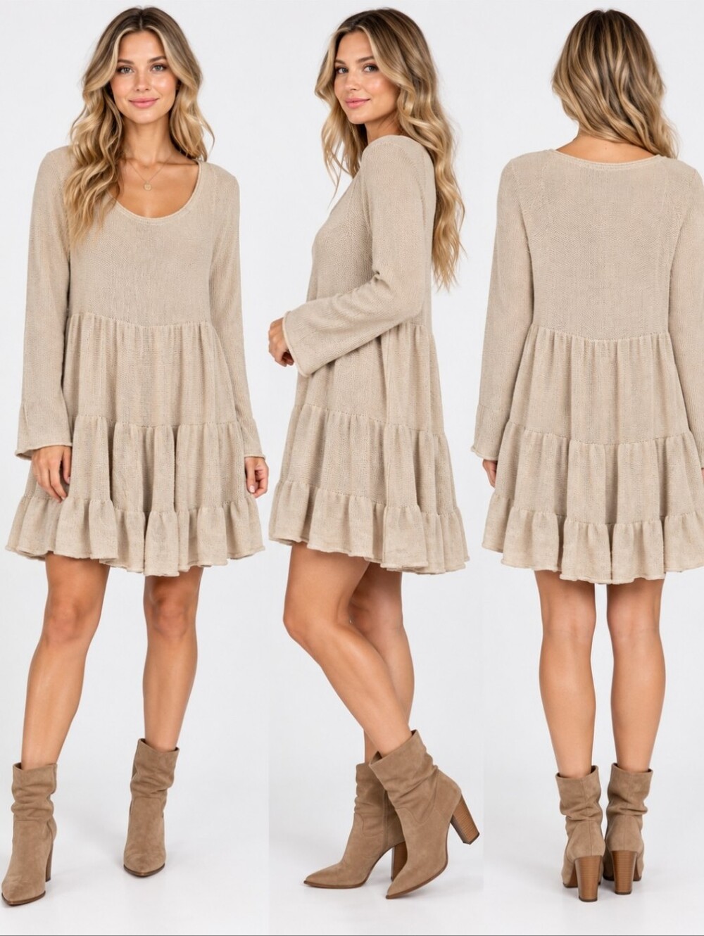 Free People Women’s M Beige Tiered Knit Mini Dress Boho Babydoll Long Sleeve